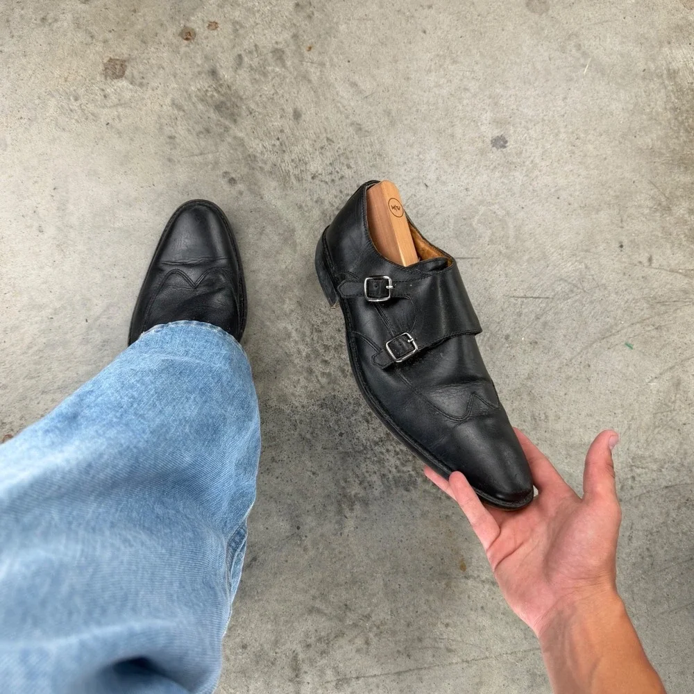 Vintage Bachrach Mens Black Leather Double Monk Strap Wingtip Dress Shoes 11